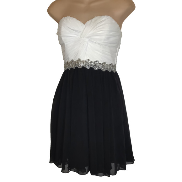 Way In Party Formal Mini Dress Sz 3 Black White Cruise Vacation Chiffon Sequins - Picture 1 of 16